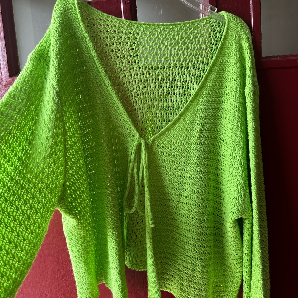 SHEIN Neon Green Open-Knit Tie-Front Sweater Cardigan - Picture 3 of 5